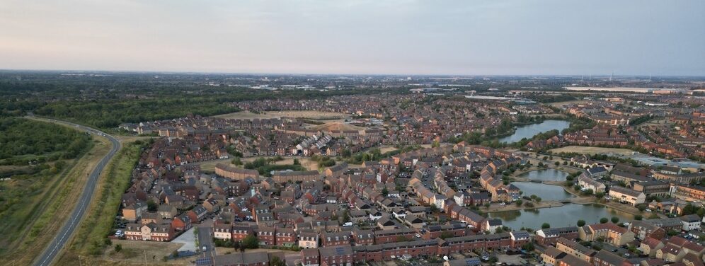 Aerial view of Peterborough used for the header image for The Brambles Later Living New Homes in Peterborough.