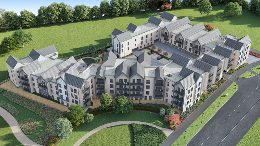 Birds eye view of The Beacons Later Living development in Chelmsford for later living exclusively for the over 55s. New homes in a courtyard near to Channels and Beaulieu Park. Computer Generated Image